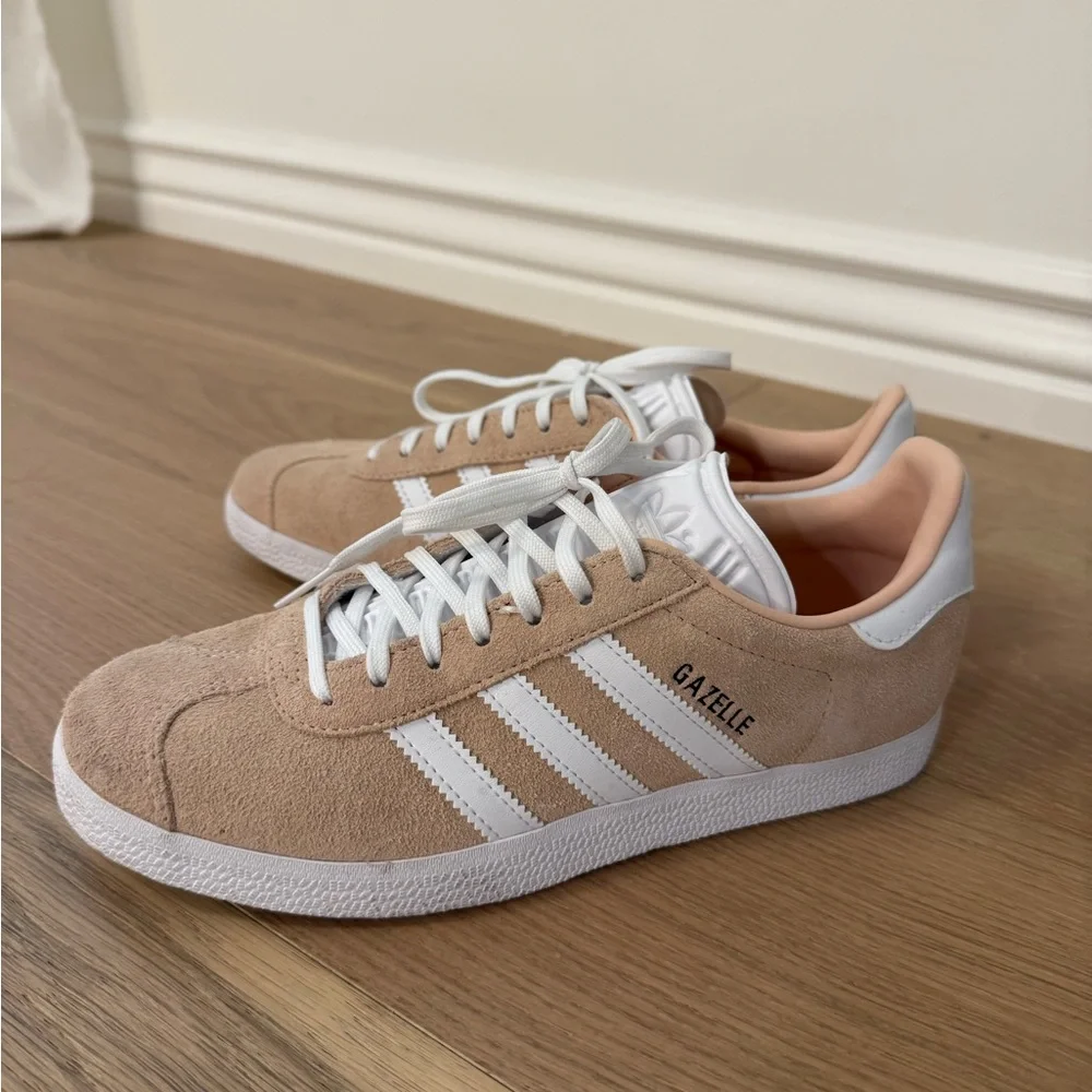 adidas Gazelle Suede Sneakers in Blush Tan & White - Picture 1 of 2